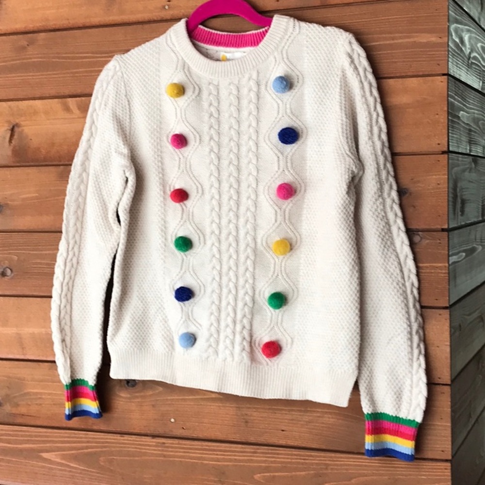 Boden White and Pink Crew Neck Sweater with Vibrant Pom-Poms
